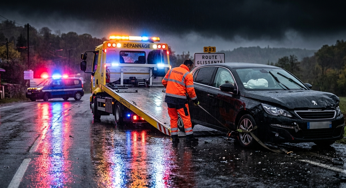 Dépanneuse avec plateau chargeant un véhicule accidenté sur route mouillée de nuit, mécanicien en veste orange
