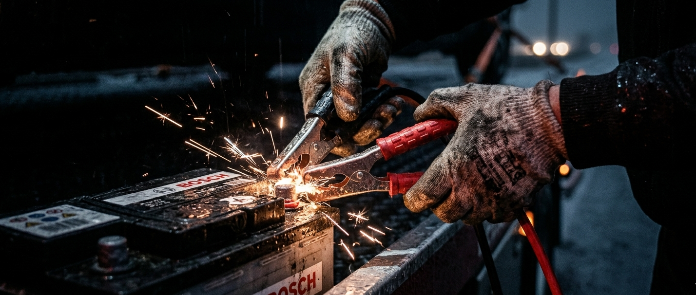 Mains gantées connectant des câbles de démarrage sur une batterie Bosch avec des étincelles électriques sous la pluie