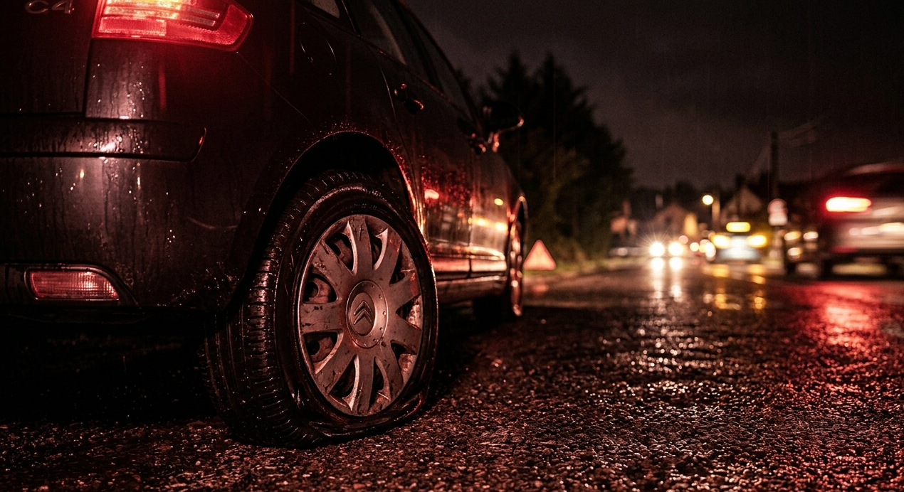 Pneu crevé d'une Citroën au ras du sol sur route mouillée de nuit, triangle de signalisation et reflets rouges sur l'asphalte