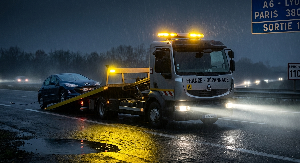 Camion FRANCE-DÉPANNAGE chargeant une Peugeot 208 sur plateau sous la pluie la nuit sur autoroute