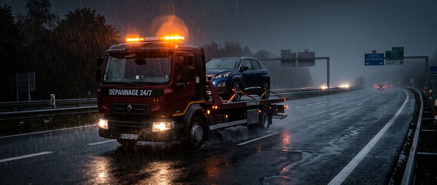 Dépanneuse rouge DEPANNAGE 24/7 transportant un SUV sur autoroute française de nuit sous la pluie